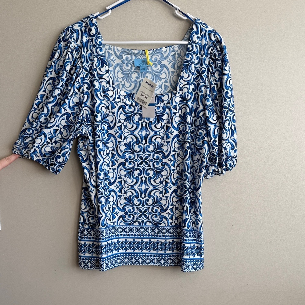 CeCe Blue and White Floral Top